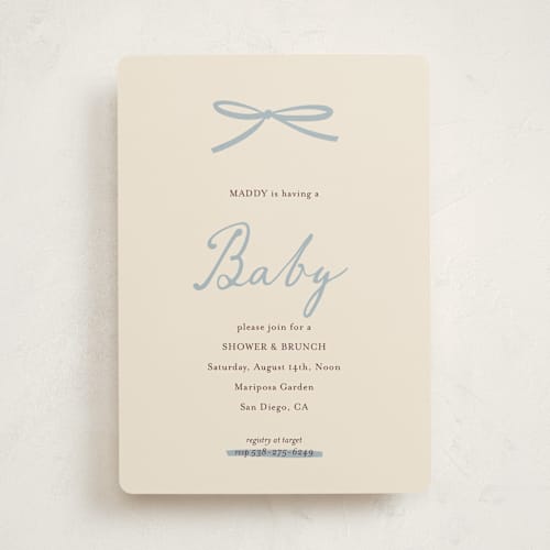 This is a denim baby shower invitations with standard by Ani Somi called baby bow printing on signature in standard