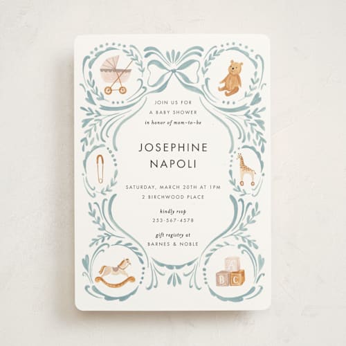 This is a cloud baby shower invitations with standard by Sarah Knight called prams, bears and baby printing on signature in standard