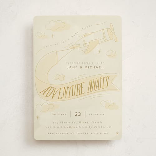 This is a mustard baby shower invitations with standard by Vera Lim called fly with me printing on signature in standard