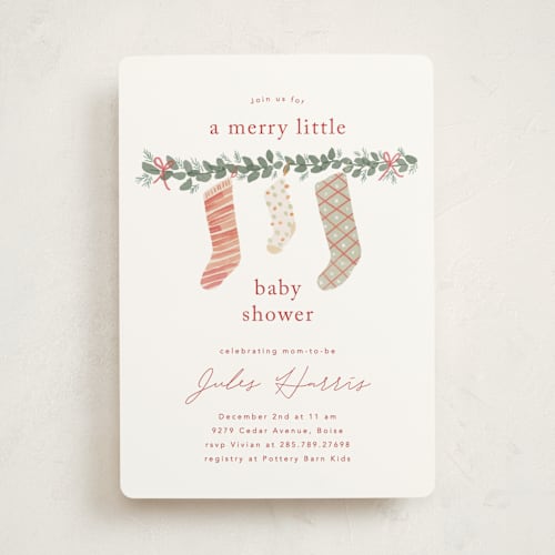 This is a cranberry baby shower invitations with standard by Rebecca Durflinger called merry little stockings printing on signature in standard