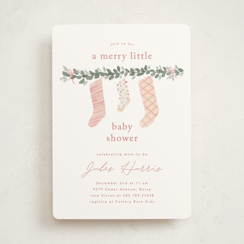 This is a candied grapefruit baby shower invitations with standard by Rebecca Durflinger called merry little stockings printing on signature in standard