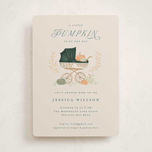 This is a pumpkin baby shower invitations with standard by Petra Kern called pumpkin stroller printing on signature in standard