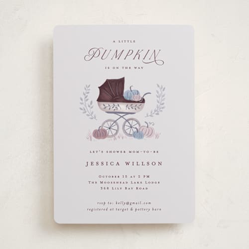 This is a lilac baby shower invitations with standard by Petra Kern called pumpkin stroller printing on signature in standard