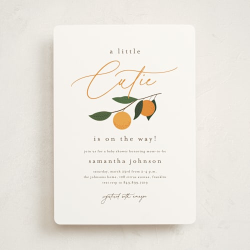 This is a clementine baby shower invitations with standard by Stacey Meacham called little cutie printing on signature in standard