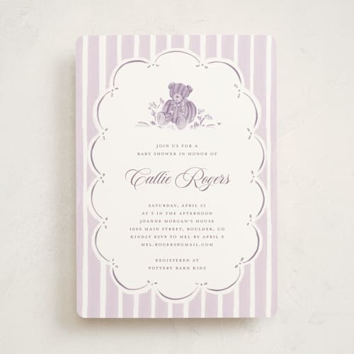 This is a lavender baby shower invitations with standard by Pati Cascino called french teddy bear printing on signature in standard