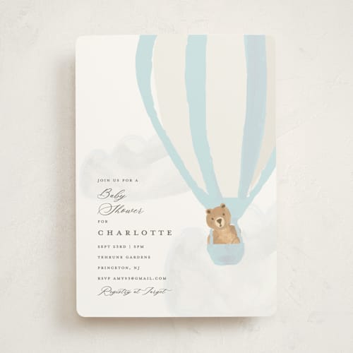 This is a blue berry baby shower invitations with standard by Teju Reval called hot air balloon bear printing on signature in standard