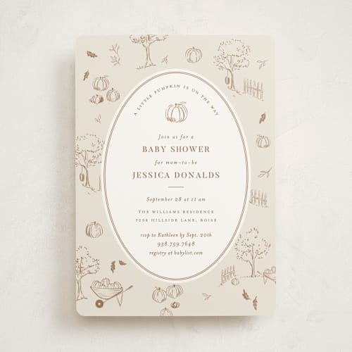 This is a acorn baby shower invitations with standard by Rebecca Durflinger called autumn toile printing on signature in standard