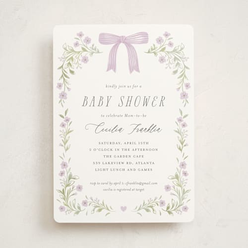 This is a lavender baby shower invitations with standard by Paper Raven Co. called dainty garden printing on signature in standard