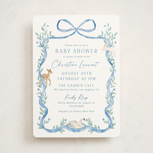 This is a blueberry baby shower invitations with standard by Elly called ribbon garden printing on signature in standard