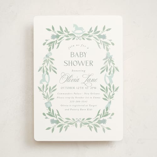 This is a celeste baby shower invitations with standard by Melinda Denison called baby shower wreath printing on signature in standard