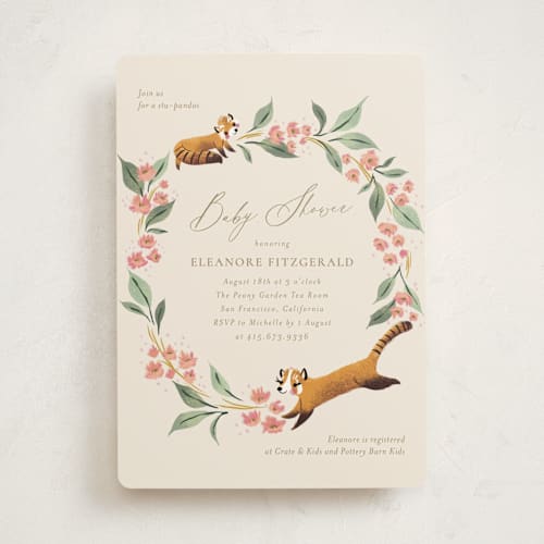This is a petal baby shower invitations with standard by Jackie Crawford called little red panda printing on signature in standard