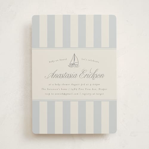 This is a sailor baby shower invitations with standard by Stephanie Hawkes called on board printing on signature in standard