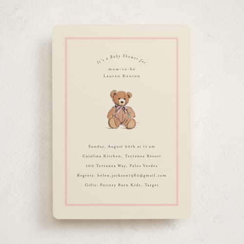 This is a petal baby shower invitations with standard by Becky Nimoy called antique teddy bear printing on signature in standard