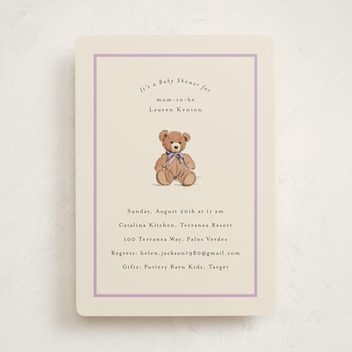 This is a lavender baby shower invitations with standard by Becky Nimoy called antique teddy bear printing on signature in standard
