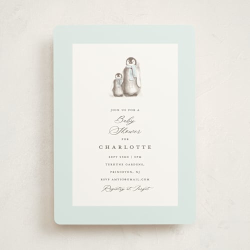 This is a ice baby shower invitations with standard by Teju Reval called penguins printing on signature in standard