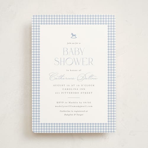 This is a baby blue baby shower invitations with standard by Olivia Raufman called gingham rockinghorse printing on signature in standard