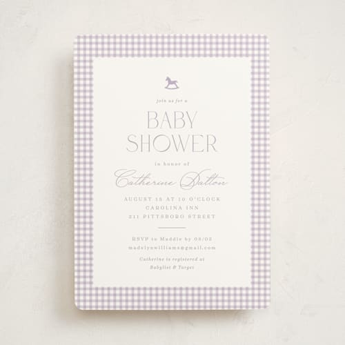 This is a lavender baby shower invitations with standard by Olivia Raufman called gingham rockinghorse printing on signature in standard
