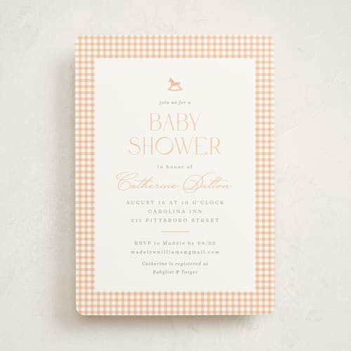 This is a peach baby shower invitations with standard by Olivia Raufman called gingham rockinghorse printing on signature in standard