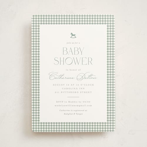 This is a leaf baby shower invitations with standard by Olivia Raufman called gingham rockinghorse printing on signature in standard