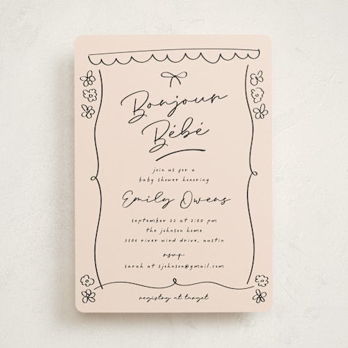This is a blush baby shower invitations with standard by Ashley Iwafuchi called oh bebe printing on signature in standard