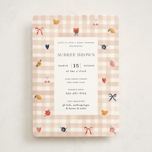 This is a shortbread baby shower invitations with standard by Sarah Knight called gingham printing on signature in standard