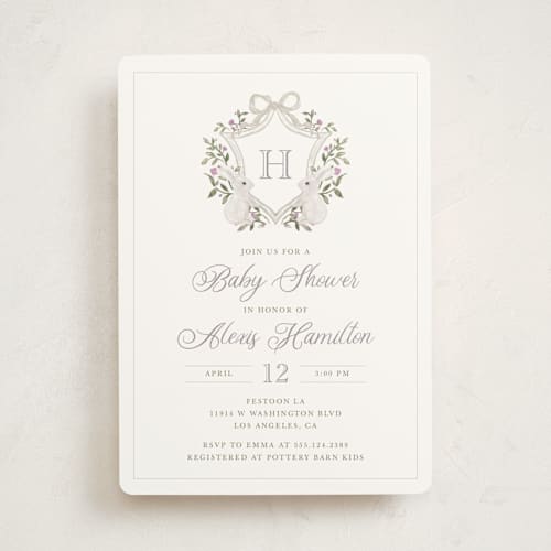 This is a cotton baby shower invitations with standard by Cass Loh called bunny crest printing on signature in standard