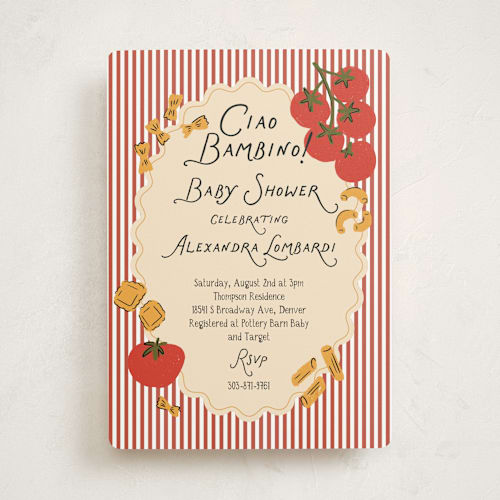 This is a tomato baby shower invitations with standard by Jenna Holcomb called pasta sauce printing on signature in standard