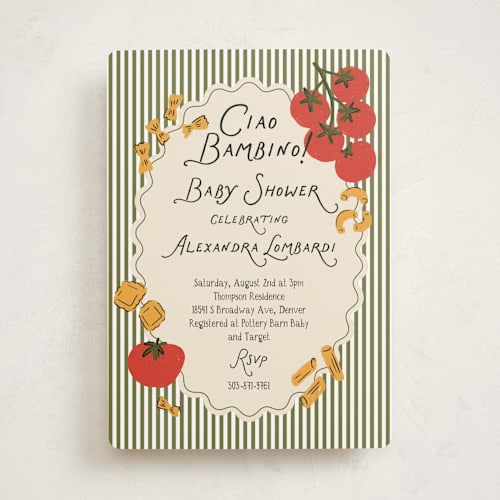 This is a olive baby shower invitations with standard by Jenna Holcomb called pasta sauce printing on signature in standard