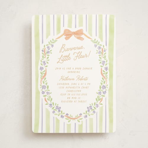 This is a key lime baby shower invitations with standard by Creo Study called little fleur printing on signature in standard