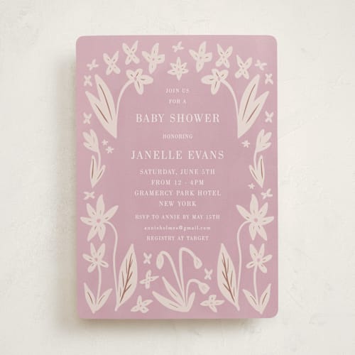 This is a blush baby shower invitations with standard by Ani Somi called friendly flowers printing on signature in standard