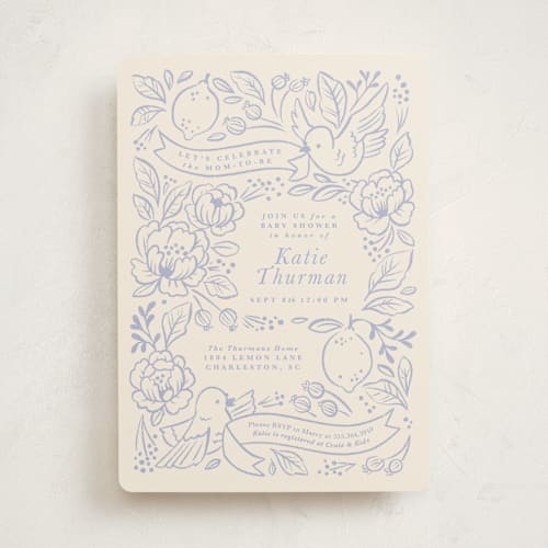 This is a porcelain baby shower invitations with standard by Rebecca Smith called love birds printing on signature in standard