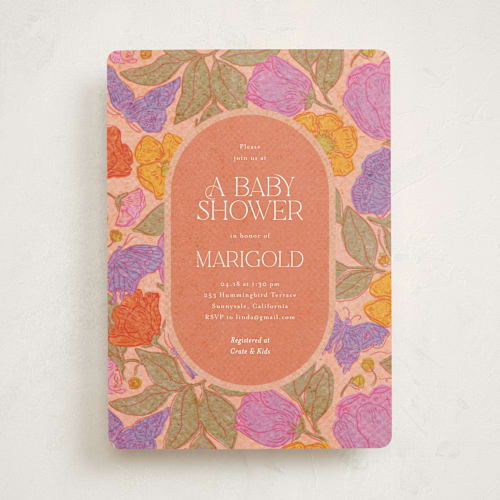 This is a peach baby shower invitations with standard by Simona Camp called vintage garden printing on signature in standard