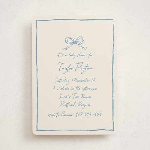 This is a dusty blue baby shower invitations with standard by Cass Loh called ribbon bow drawing printing on signature in standard