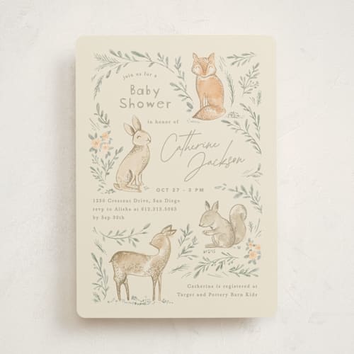 This is a ginger baby shower invitations with standard by Creo Study called vintage woodland printing on signature in standard