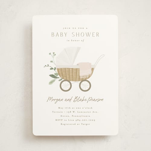 This is a porcelain baby shower invitations with standard by Everett Paper Goods called boho buggy printing on signature in standard