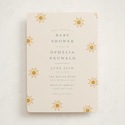 This is a golden sun baby shower invitations with standard by Meggy Masters called sun toss printing on signature in standard