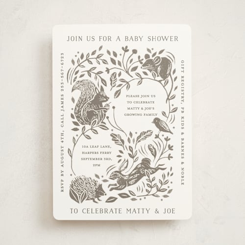 This is a clay baby shower invitations with standard by Sarah Knight called lino woodland printing on signature in standard