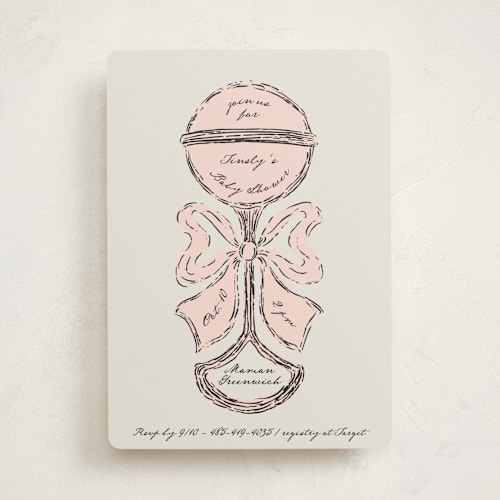 This is a rose baby shower invitations with standard by Gwen Bedat called antique rattle printing on signature in standard