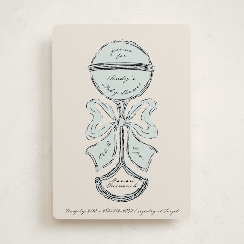 This is a powder baby shower invitations with standard by Gwen Bedat called antique rattle printing on signature in standard