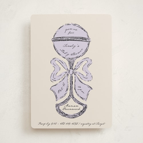 This is a lavender baby shower invitations with standard by Gwen Bedat called antique rattle printing on signature in standard