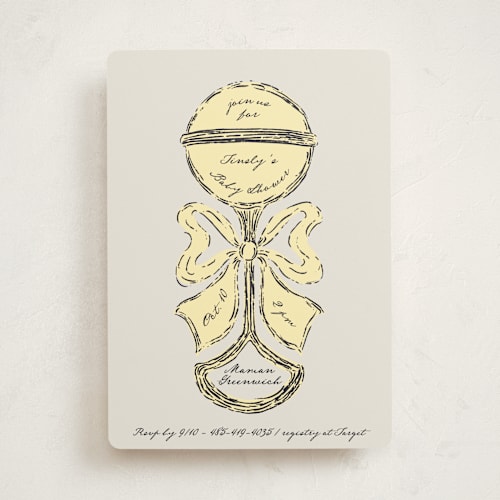 This is a honey baby shower invitations with standard by Gwen Bedat called antique rattle printing on signature in standard
