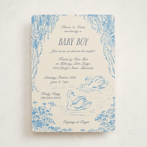 This is a bluebell baby shower invitations with standard by Pati Cascino called sweet swan printing on signature in standard