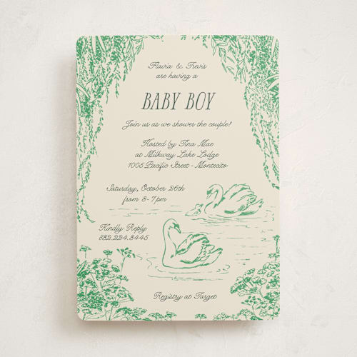 This is a forest baby shower invitations with standard by Pati Cascino called sweet swan printing on signature in standard