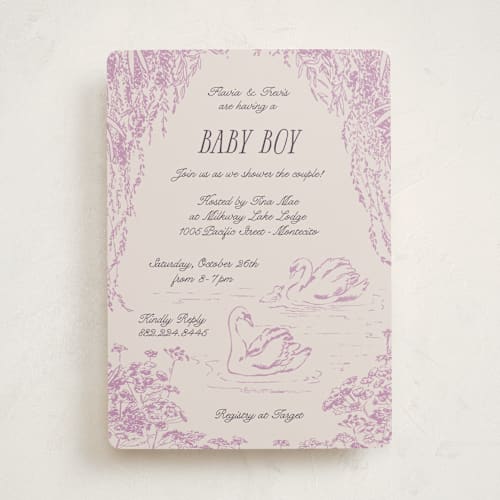 This is a lilac baby shower invitations with standard by Pati Cascino called sweet swan printing on signature in standard