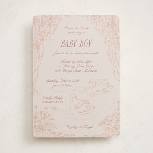 This is a blush baby shower invitations with standard by Pati Cascino called sweet swan printing on signature in standard