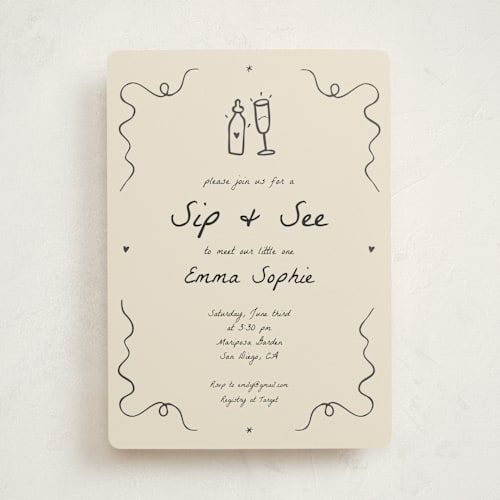 This is a ivory baby shower invitations with standard by Stephanie Heinrich Godbout called doodle sip and see printing on signature in standard