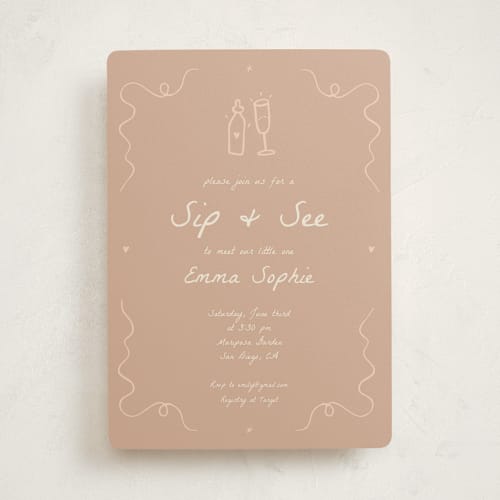 This is a mocha baby shower invitations with standard by Stephanie Heinrich Godbout called doodle sip and see printing on signature in standard