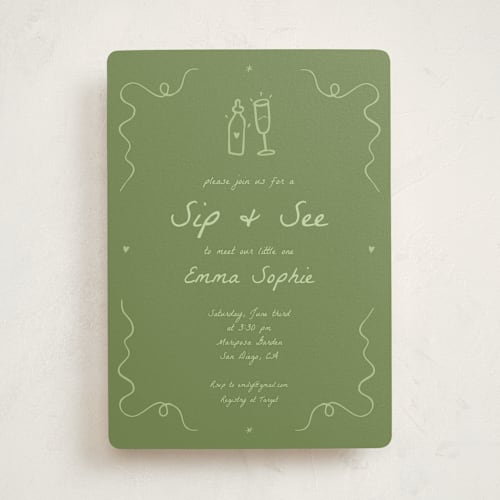 This is a moss baby shower invitations with standard by Stephanie Heinrich Godbout called doodle sip and see printing on signature in standard