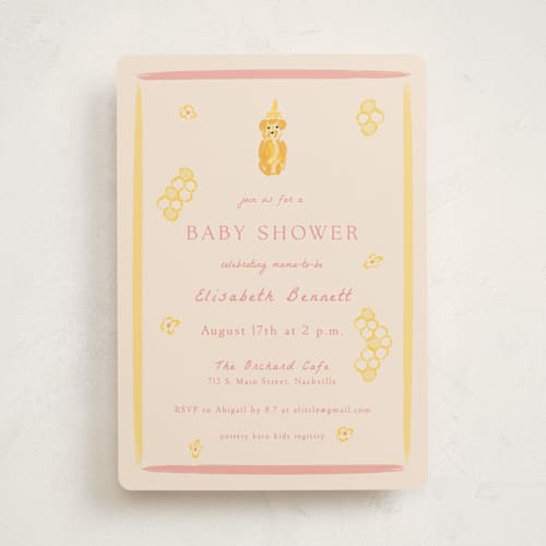 This is a rose baby shower invitations with standard by Sarah Rosenthal called honeybear printing on signature in standard