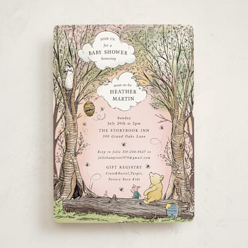 This is a petal baby shower invitations with standard by Becky Nimoy called disney's winnie the pooh in the wood printing on signature in standard